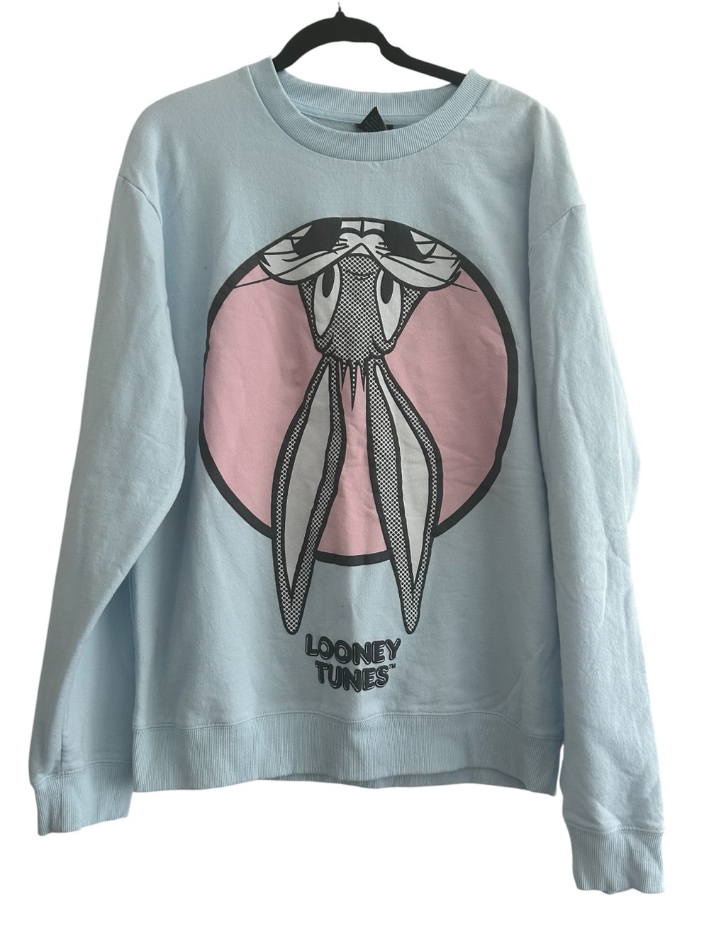 Looney Tunes Bugs Bunny Crewneck Sweatshirt Baby Blue Fleece Pullover Sz Large